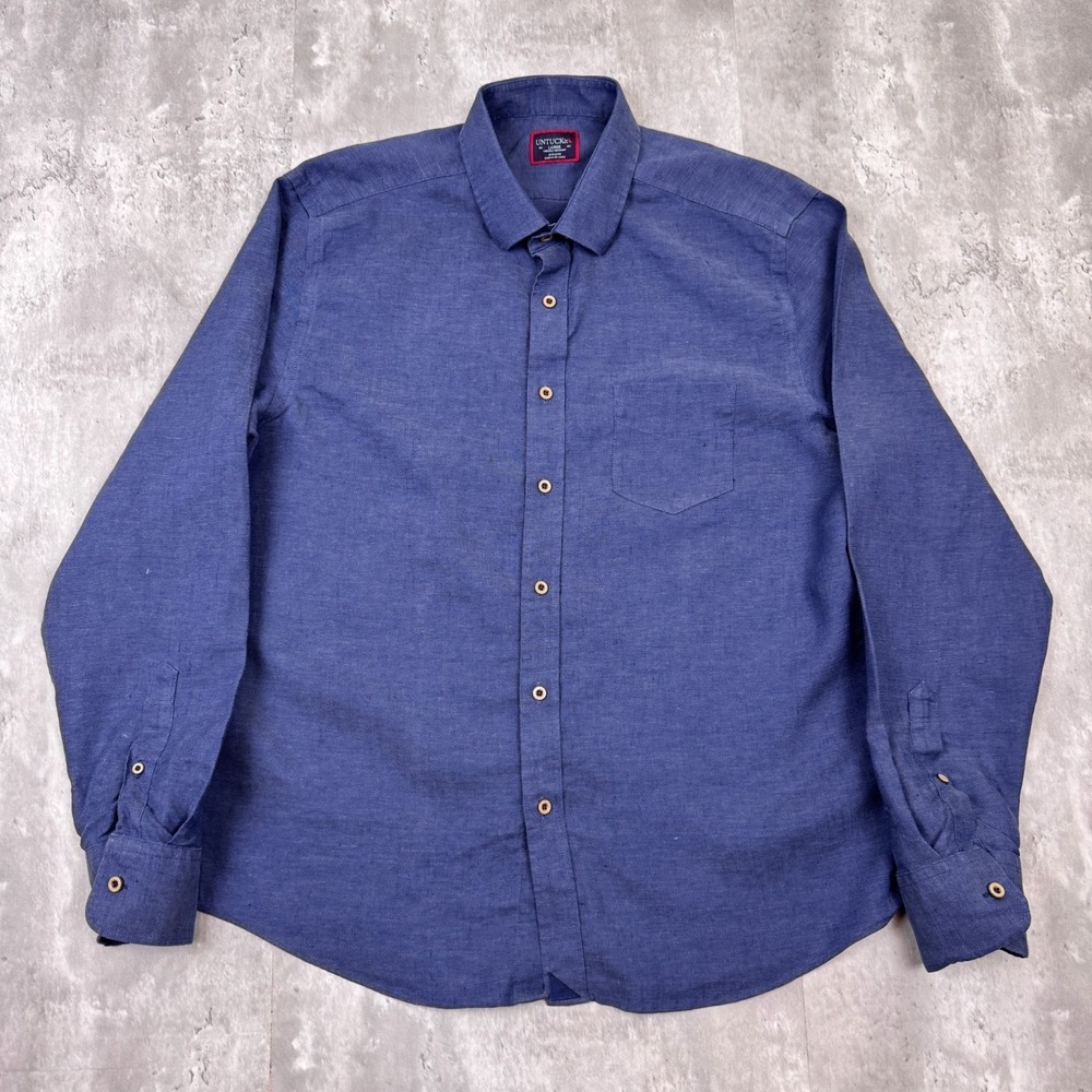 Untuckit Shirt Men's Large Blue Linen Slim Fit Long Sleeve Wrinkle Resistant WR